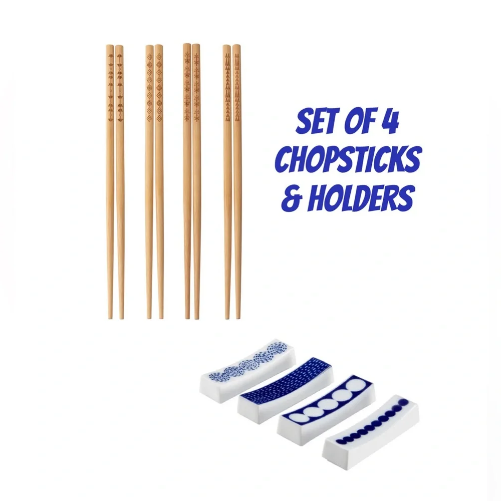 Set of 4 Bamboo Chopsticks with Blue & White Porcelain Holders